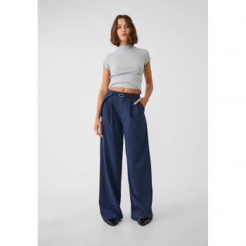 Stradivarius Smart Wide-Leg Trousers with Buckle Detail - Dark Blue (Sizes 6 and 10)
