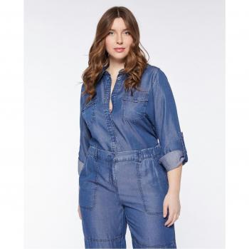 Camisa de mujer light denim con bolsillos frontales