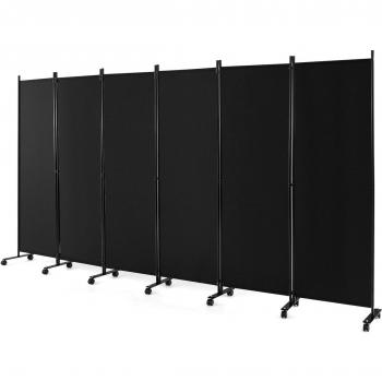 6-Panel 5.7-Foot Tall Black Rolling Privacy Screen with Lockable Wheels
