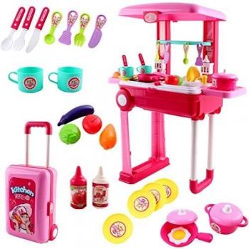 deAO Pequeño Chef Set de Cocinita Plegable en Maleta Convertible Maletín de Juegos con Accesorios, Luces, Sonidos