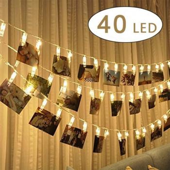 Foto Clip cadena de luces LED,5m 40 foto clips luces, Alimentado por Batería para Día de San Valentín, fiesta de cumpleaños