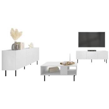 Conjunto de salón Charlotte U108, blanco, con mesa de TV y accesorios adicionales, aglomerado laminado y MDF