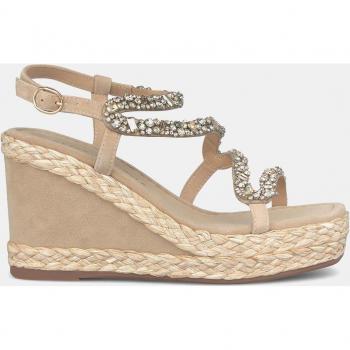 Alma en Pena 978 Sandalias de cuña de mujer beige en sintético con puntera cuadrada y pedrería