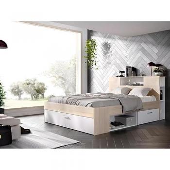 Cama LEANDRE con cabecero, compartimentos y cajones - 160 x 200 cm - Color natural y blanco + Somier
