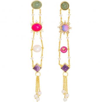 Pendientes Largos Galatea Multicolor con Cristales de Amatista, Fluorita y Calcedonia