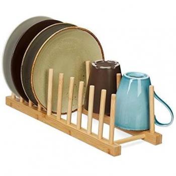 Soporte de Platos en Bambú Natural, Escurridor para 10 Platos, Tablas de Picar y Tapas de Ollas