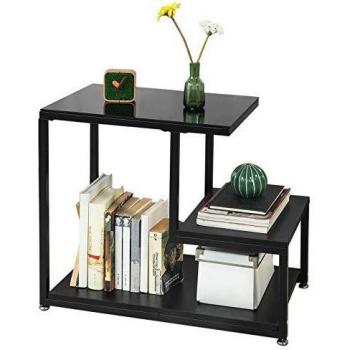 Mesa Auxiliar SoBuy FBT65-SCH con Cristal Templado, 3 Estantes de Almacenamiento, Color Negro, Ideal para Salón, Comedor o Mesita de Noche