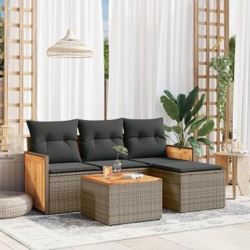 5-Piece Grey Poly Rattan Garden Sofa Set with Cushions