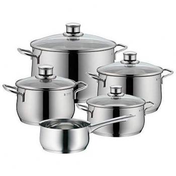 WMF Diadem Plus - Batería de cocina de 5 piezas de acero inoxidable, base inducción - 1 cacerola baja de 20cm , 3 cacerolas altas 16, 20, 24cm con tapa y 1 cazo de 16cm