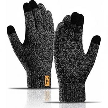 Amazon Brand - Hikaro Guantes térmicos de invierno para hombre y mujer de punto con interior de forro polar, antideslizantes y con dedos táctiles, blanco y negro, talla M