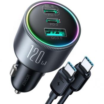 Cargador de coche Joyroom JR-CCN07 120W, 3 puertos (2x USB-C y 1x USB-A) + cable USB-C 100W, Gris oscuro