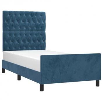 Estructura de cama con cabecero tapizado en terciopelo azul oscuro, medidas 100x200 cm, sin colchón, ideal para dormitorio o habitación de descanso