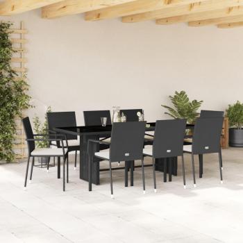 9-Piece Black Poly Rattan Garden Dining Set with Cushions