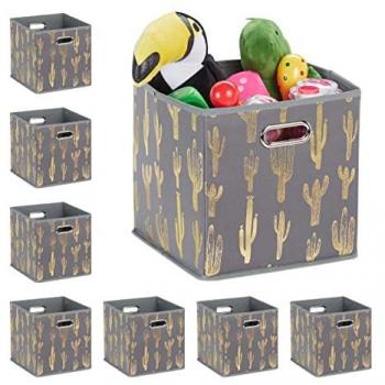 Cestos de Almacenamiento Plegables Relaxdays - 8 Unidades, Cuadrados, 29x28,5x28,5 cm, Sin Tapa, Color Gris y Dorado