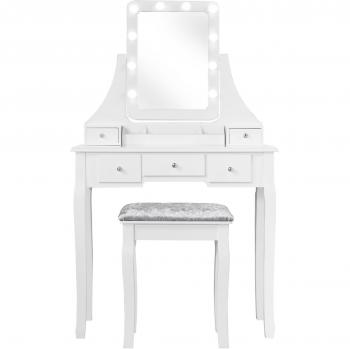 Costway Set de Tocador con Espejo Rectangular y Taburete, Mesa para Maquillarse con 10 Bombillas LED, Dimensiones: 80 x 40 x 135,5 cm, Incluye Taburete