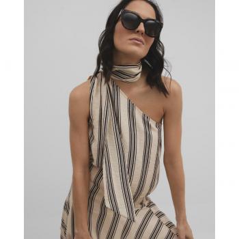 Top asimétrico a rayas con lazada - beige