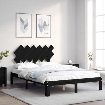 Estructura de Cama Doble con Cabecero de Madera Maciza Negra