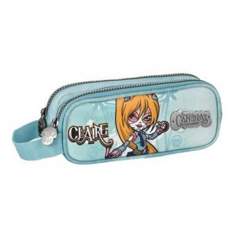 Estuche Escolar Doble Compartimento Catrinas 'Claire, Noelia y Lila' - Adaptador para Carro Portamochilas - Asa Lateral - Cremalleras Resistentes - Dimensiones