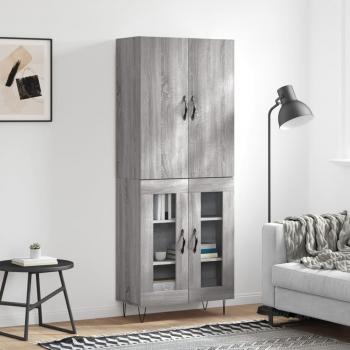 Aparador alto de madera contrachapada gris sonoma 69,5x34x180 cm con 2 puertas de cristal, mueble de almacenaje para salón, armarios con puertas, cajón de madera, buffet moderno y