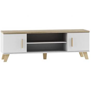 Mueble TV Charlotte G108, Blanco y Roble Sonoma, 160x53x40cm, 2 Puertas, Estilo Escandinavo