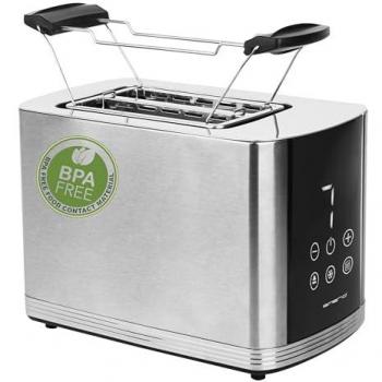 Tostador Emerio TO-128308 800W, 2 ranuras, sin BPA, acero inoxidable, con rejilla para calentar panecillos, negro y plata