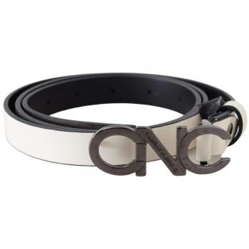 Costume National Metallic Gray Leather Logo Belt - 85 cm / 34 Inches