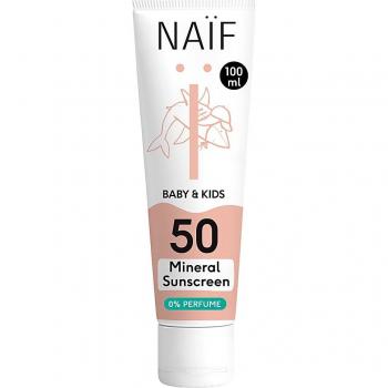 Naif Baby & Kids Mineral Sunscreen SPF 50 - 0% Perfume, Protective Sunscreen for Babies and Children, Fragrance-Free, SPF 50, 100 ml