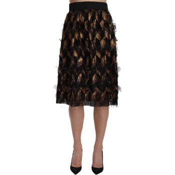 Dolce & Gabbana Black Gold Fringe Metallic Pencil A-line Skirt - IT38|XS, Midi Skirts, female, Black, Size: 2XS