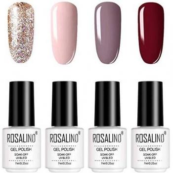 ROSALIND 4pcs Esmaltes Semipermanentes de Uñas en Gel UV LED, Kit de Esmaltes de Uñas de Brillo Arcoiris 7ml