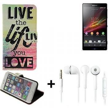 360° Funda Smartphone para Sony Xperia ZL, 'live the life you love' + auriculares | Wallet case flip cover caja bolsa Caso Monedero BookStyle - K-S-Trade
