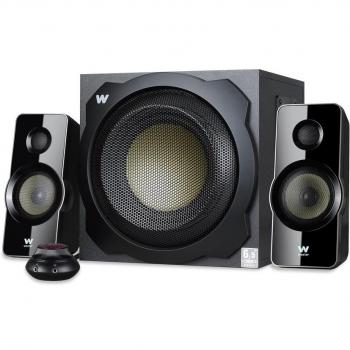 Woxter Big Bass 260 - Altavoces Multimedia 2.1 de 150W con Subwoofer de Madera, Control de Volumen con Cable y Rejilla Metálica, Compatible con TV, PC y Videoconsolas, Color Negro