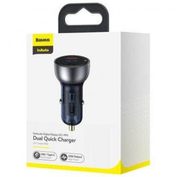 Baseus CCKX-C0A Universal Fast Charging Car Charger with Digital Display, Dual USB & USB-C Ports, QC3.0 & PD, 5A, 65W - Blue/Grey