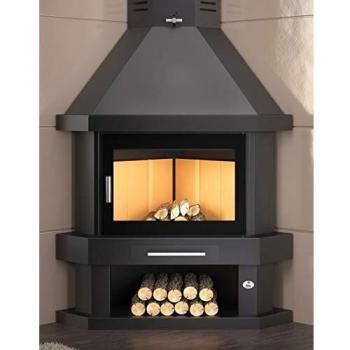 FM Chimenea metálica de leña rincón con leñero con Cristal Serigrafiado