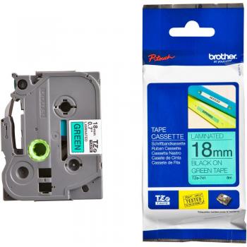 Cinta laminada Brother TZe-741, cinta de 18mm con texto negro sobre fondo verde, longitud de 8 metros