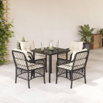 5-Piece Black Poly Rattan Garden Dining Set with Cushions