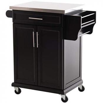 Carrito de cocina con ruedas isla central negro 83,5x45,7x90,5 cm con encimera de acero inoxidable, estante ajustable, cajón y porta especias
