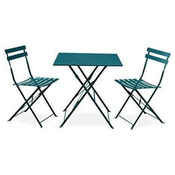 Juego de jardín Emilia plegable color verde pato, mesa cuadrada 70x70cm con 2 sillas de acero pintado en polvo