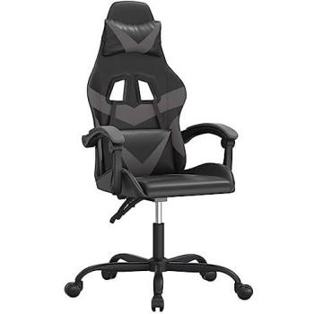 Silla gaming giratoria cuero sintético negro y gris con reposabrazos, inclinación alta ajustable y ruedas para oficina, sala de estar y trabajo