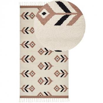 Alfombra Kilim Rectangular Reversible de Algodón Beige y Negro 80 x 150 cm con Bajo Pelo y Patrón Geométrico