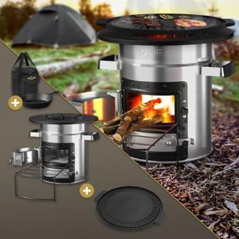 Estufa Rocket de Camping BBQ con Sartén y Placa de Parrilla de Hierro Fundido, Horno de Barbacoa de Acero Plateado con Soporte para Leña y Bolsa de Transporte