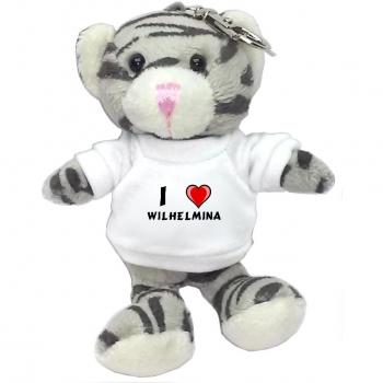 Gato gris de peluche (llavero) con Amo Wilhelmina en la camiseta (nombre de pila/apellido/apodo)