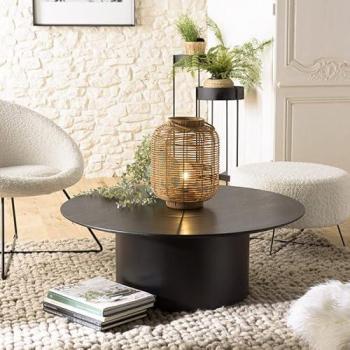 Mesa de centro redonda negra 90x90 cm con patas de metal