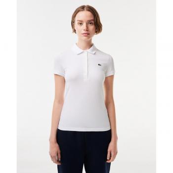 Polo de mujer Lacoste slim fit de punto de algodón stretch blanco con logo en manga corta