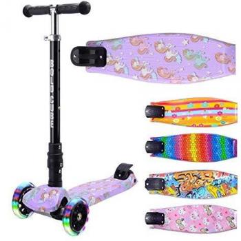 Scooter Grande Plegable de 3 Ruedas para Niños - Mundo de las Unicornio con Ruedas LED Arcoíris y Altura Ajustable 65 a 89 cm