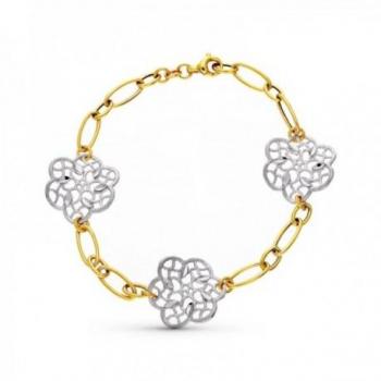 Pulsera de oro bicolor 18k para mujer con eslabones combinados, flores caladas y cierre de mosquetón