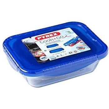 Pyrex Cook&Go - Set de 2 recipientes rectangulares, 80 / 170 cl, transparente + tapa, color azul