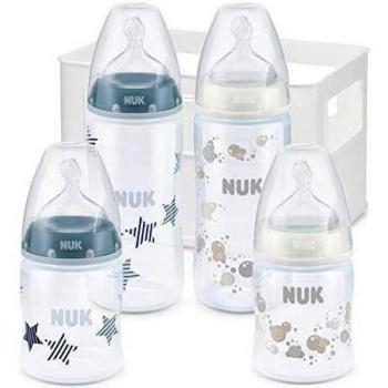 NUK First Choice Plus 10225106 Boy Juego de 4 biberones anti-cólico incluyendo tetinas de silicona y caja de botella, 1 pieza, 2 x 150 ml / 2 x 300 ml