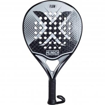 Pala de Pádel Munich X-Flow, características: diseño aerodinámico, superficie de carbono, núcleo de goma EVA, tecnología anti-vibración, balance medio, peso ligero (aproximadamente 360-375g), forma red