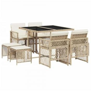 Set Comedor de Jardín 9 Pzas con Cojines Ratán Sintético Beige