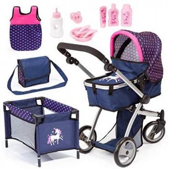 Mega Combi Doll Stroller Set with Accessories - Blue with Hearts and Unicorn